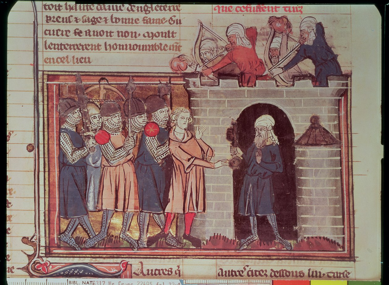 Paní Fr 22495 f.32v 1. křížová výprava. Vzdání se Tarsu Tancredovi de Hauteville, 1097, od Le Roman de Godefroi de Bouillon od French School
