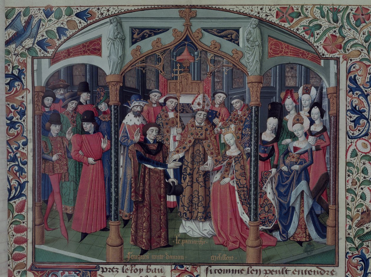 Paní Fr 2629 fol. 167 Jeruzalémská královna Melisanda (1109-60) provdala se za Fulka V. z Anjou (1092-1143), z Histoire de la conquete Jeruzaléma od Viléma z Tyru (asi 1130-85) kolem 1470 od French School