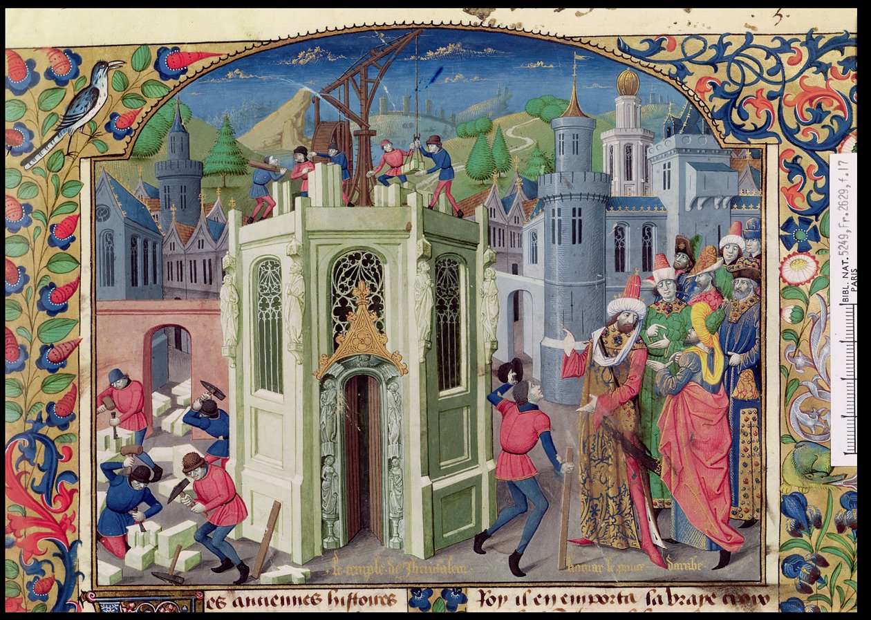 Paní Fr 2629 fol. 17 Sultán Omar iniciuje rekonstrukci jeruzalémského chrámu z Histoire de la conquete de Jerusalem od Viléma z Tyru (asi 1130-85) kolem roku 1470 od French School