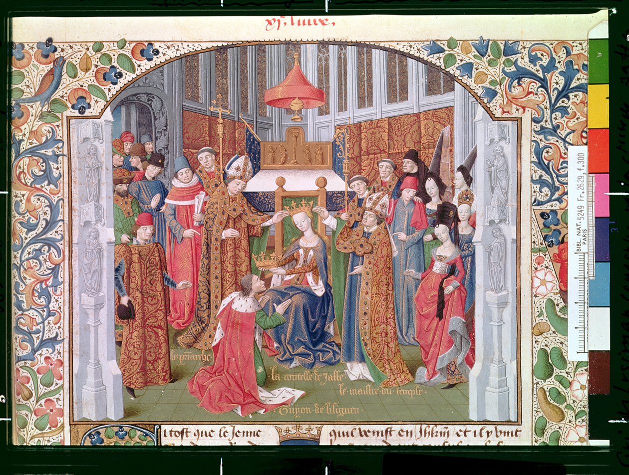 Paní Fr 2629 fol. 300 Hraběnka z Jaffy (asi 1136-88) korunující Guy of Lusignan († 1194) z Histoire de la conquete de Jerusalem od Viléma z Tyru (asi 1130-85) asi 1470 od French School