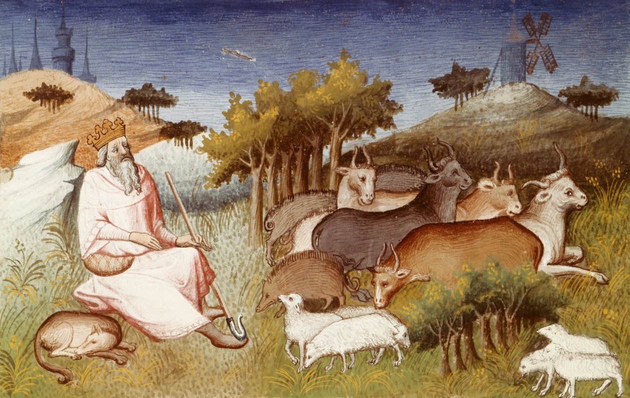 Paní Fr 2810, král Dor bdí nad svým stádem, miniatura z „Livre des merveilles du monde“ (Kniha divů světa) od Marca Pola a Rustichella, kolem 1410-12 (tempera na pergamenu) od French School
