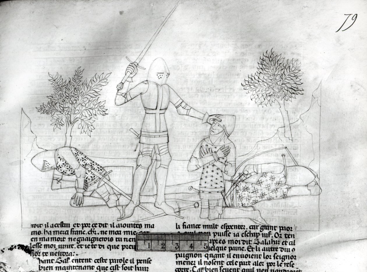 Ms Fr 343 f.79 Vyzbrojení rytíře na bitevním poli z Lancelot du Lac od French School