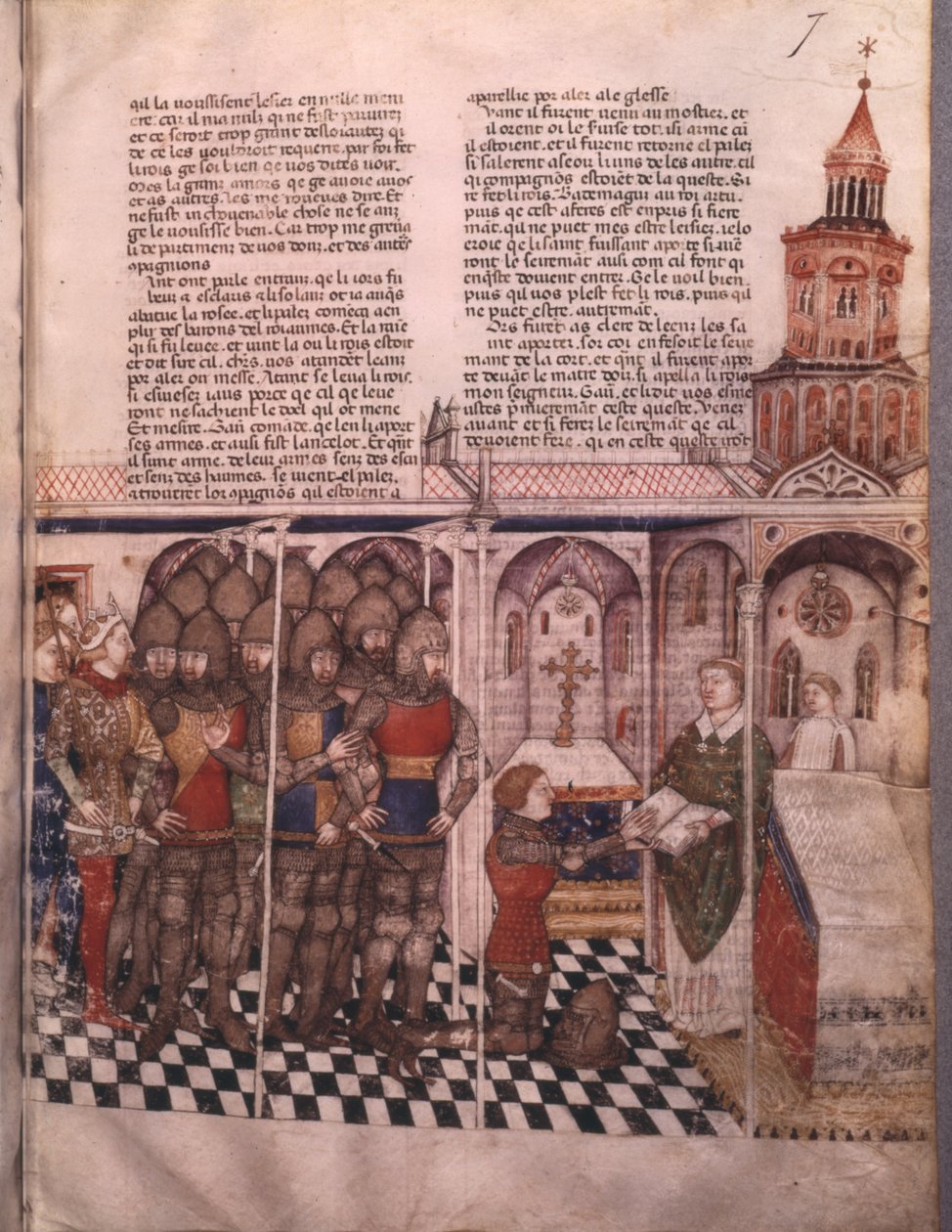 Paní Fr 343 fol. 7 Pátrání po Svatém grálu a Artušově smrti, rytíř skládající přísahu od French School