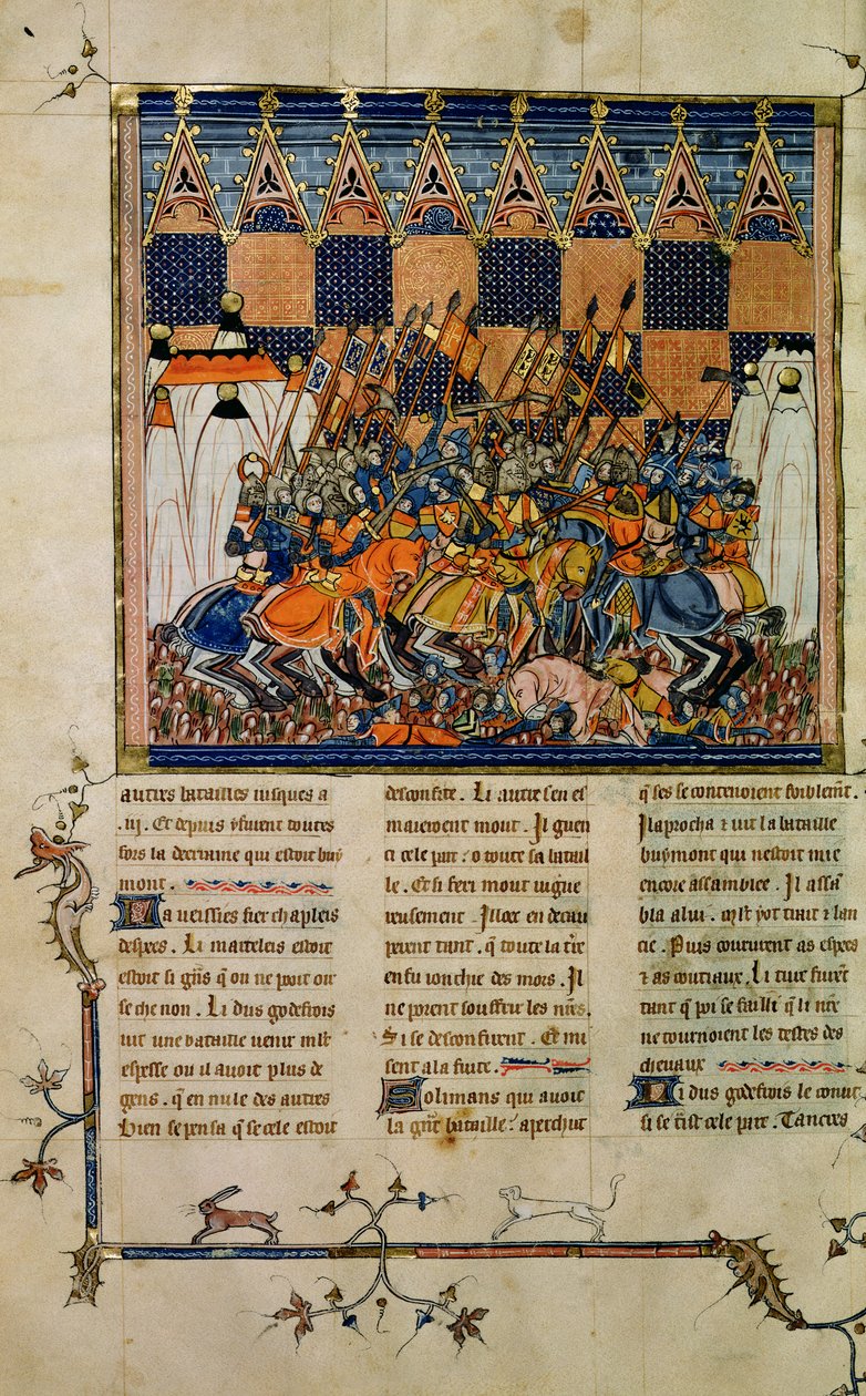 Paní Fr. 352 fol. 49v Bitevní scéna, z biografie Godefroi de Bouillon, Historie západních svatých od French School
