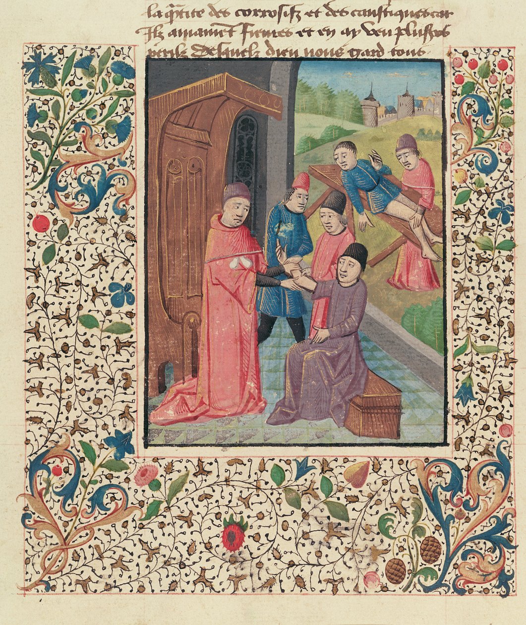 Paní Fr 396 fol.80v Lékař ošetřující zlomeniny, z La Grande Chirurgie od Guy de Chauliac od French School