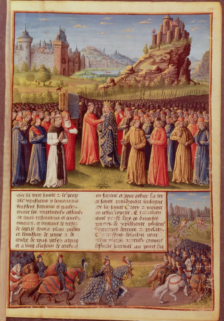 Paní Fr. 5594 f.138 Saint Bernard (asi 1090-1153) z Clairvaux káže druhou křížovou výpravu za přítomnosti francouzského krále Ludvíka VII. (asi 1120-80) ve Vezelay v roce 1146, z Passages faits Outremer. od French School