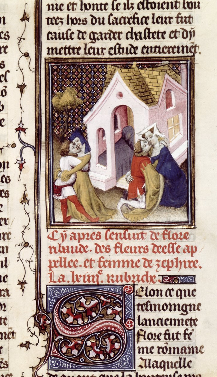 Paní Fr 598 f.97 Prostitutky s klienty, z Des Claires et Nobles Femmes, Giovanni Boccaccio (1313-75) c.1403 od French School