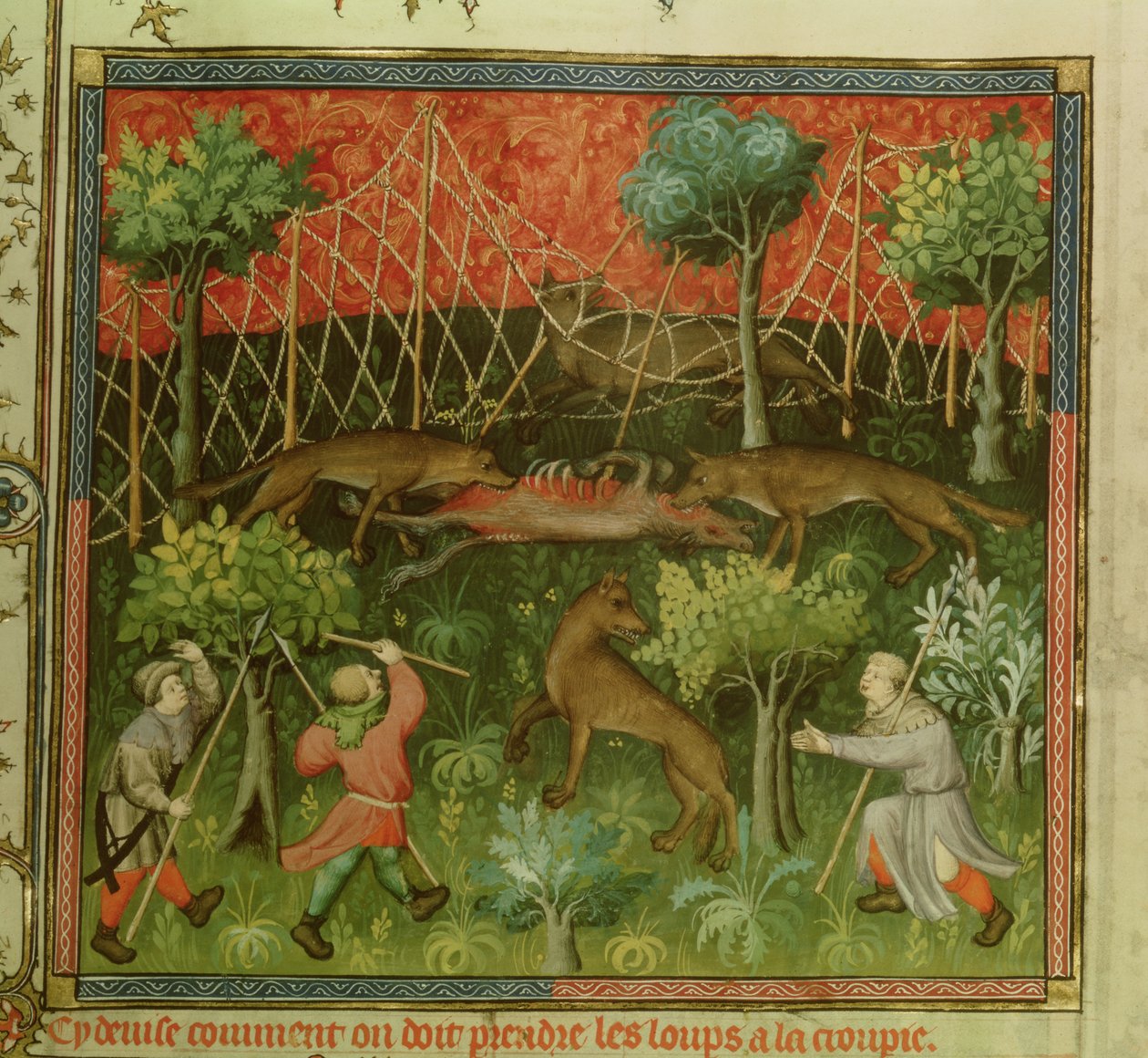 Paní Fr 616 fol.111 Lov vlka pomocí sítí, z Livre de la Chasse od Gastona Phebuse de Foix (1331-91) od French School