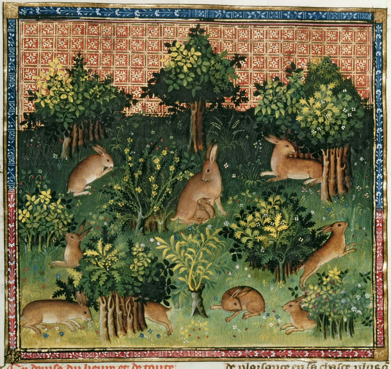 Paní Fr 616 fol.24v Zajíci v lese, z Livre de la Chasse od Gastona Phebuse de Foix (1331-91) od French School
