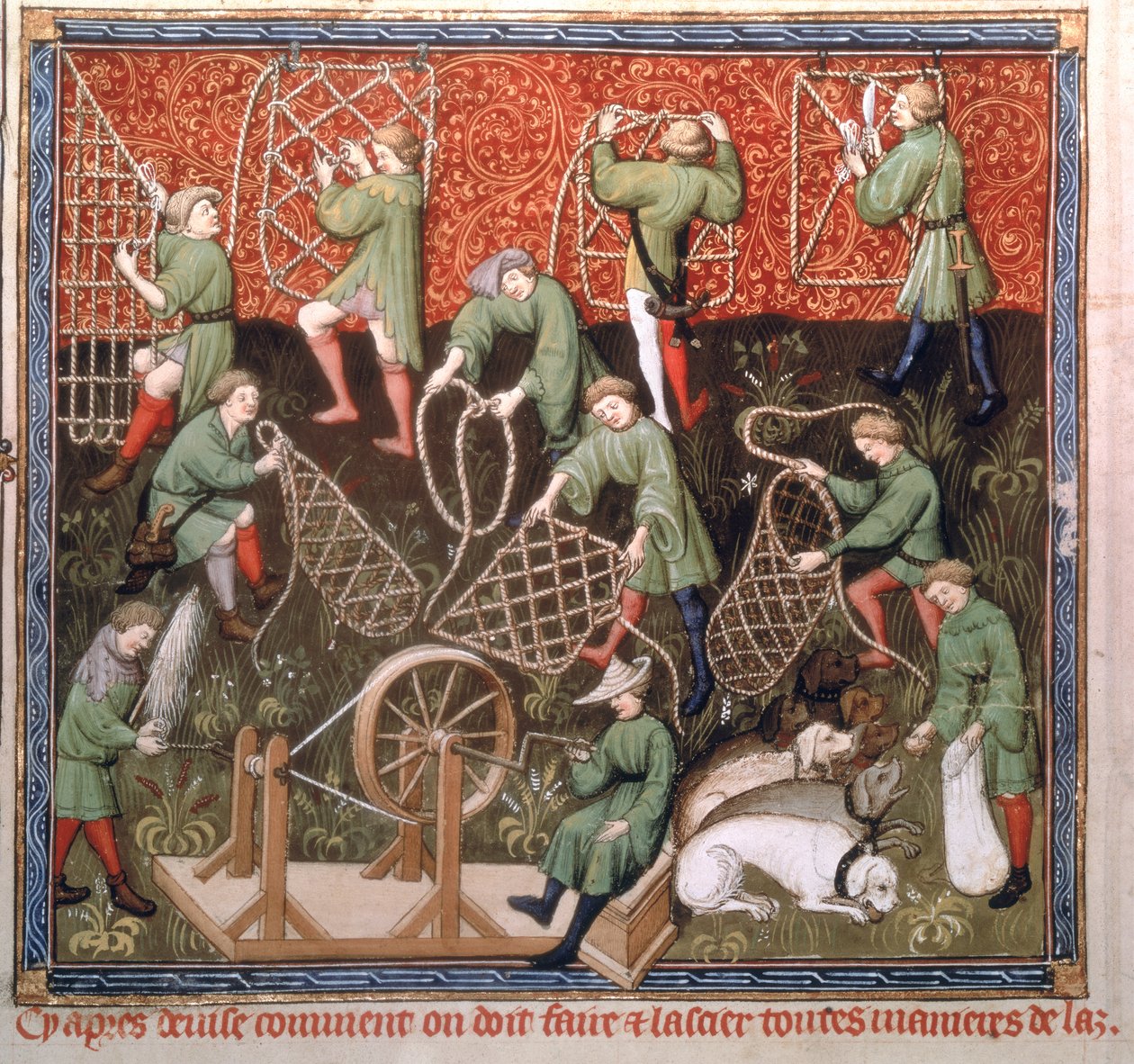 Ms Fr 616 fol.53v Muži se sítěmi, z Livre de la Chasse od Gastona Phebuse de Foix (1331-91) počátek 15. stol. od French School