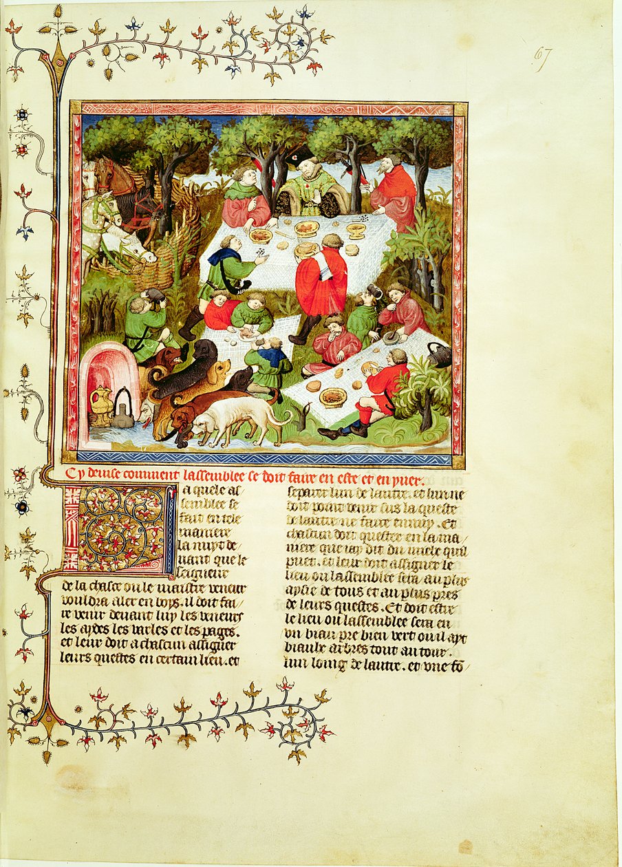 Paní Fr 616 fol.67 Lovci hodující před lovem jelena, z Livre de la Chasse od Gastona Phebuse de Foix (1331-1391) od French School