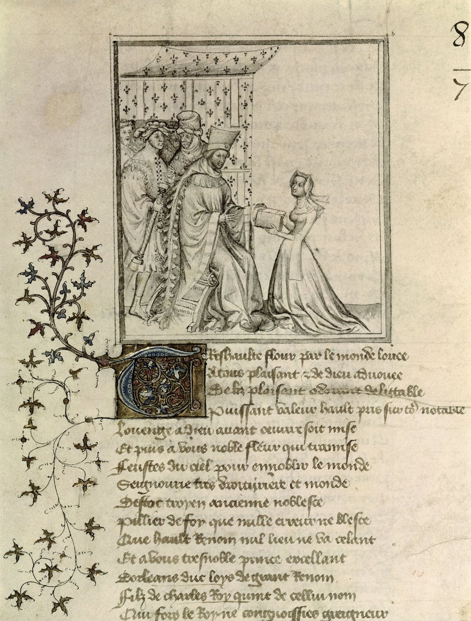 Paní Fr 848 fol.1 Christine de Pisan (1364-1430) představuje své dílo Ludvíkovi, vévodovi z Orleansu (1372-1407) z dopisu Othea Hectorovi od Christine de Pisan, kolem roku 1405 od French School
