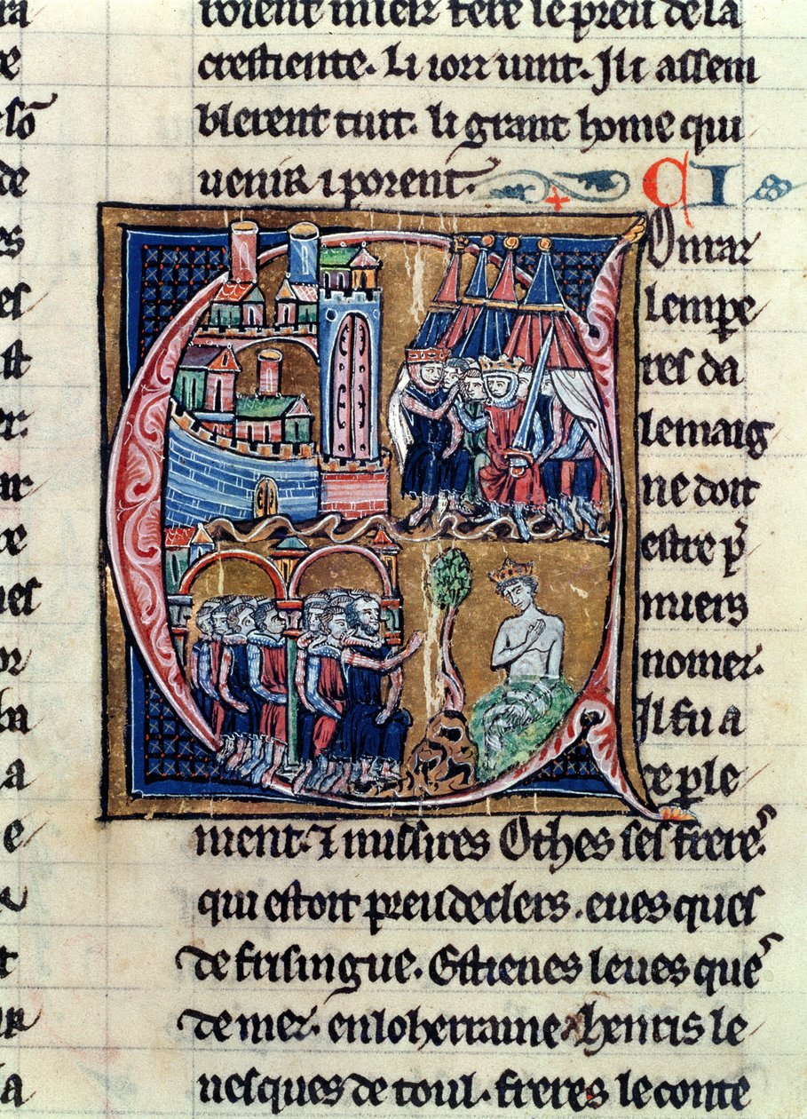 Ms Fr 9081 fol.206 Historická iniciála C zobrazující Konráda III. (1137-52) německého císaře a Ludvíka VII. (1120-80) francouzského krále, obléhající Damašek v roce 1148, z Histoire de Jerusalem od Viléma z od French School