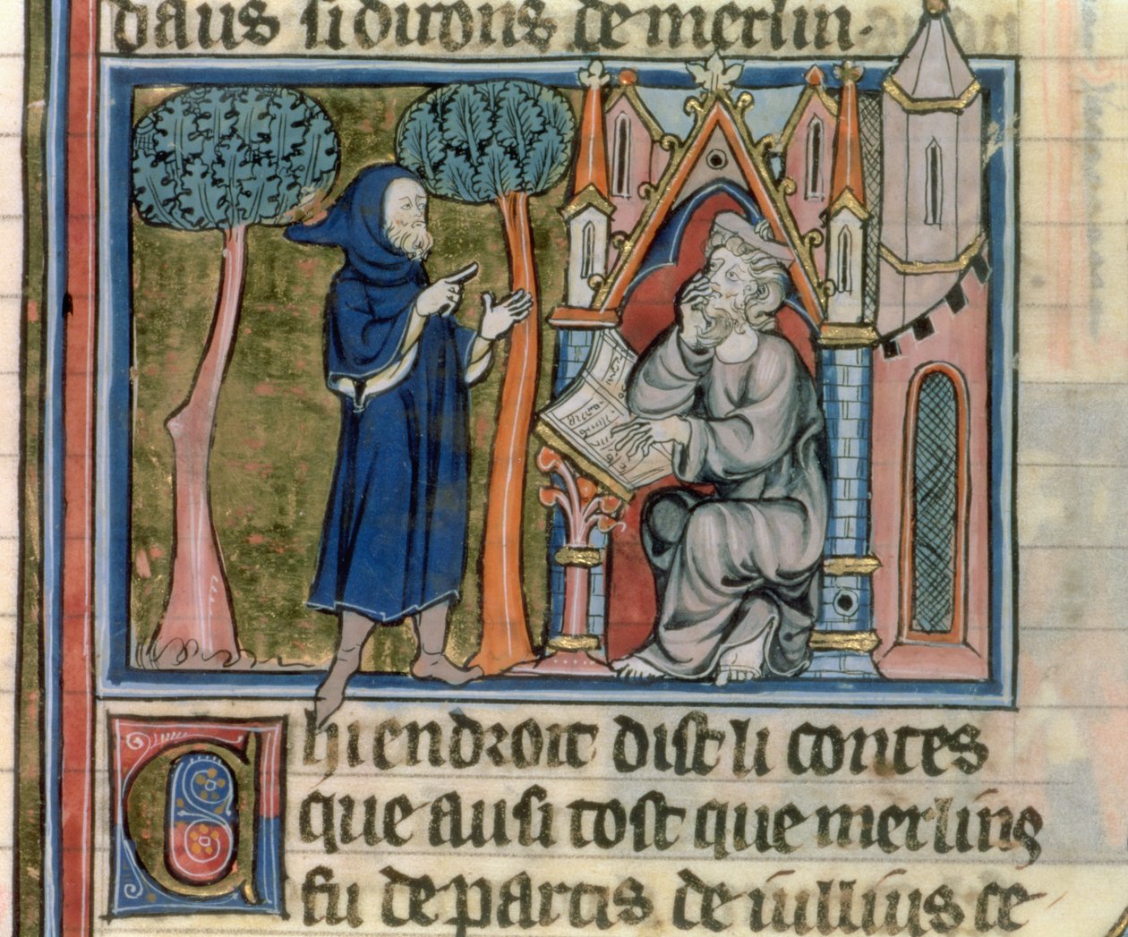 Ms Fr. 95 f.268 Merlin diktuje příběh Blaiseovi, z lHistoire de Merlin, asi 1280-90. od French School