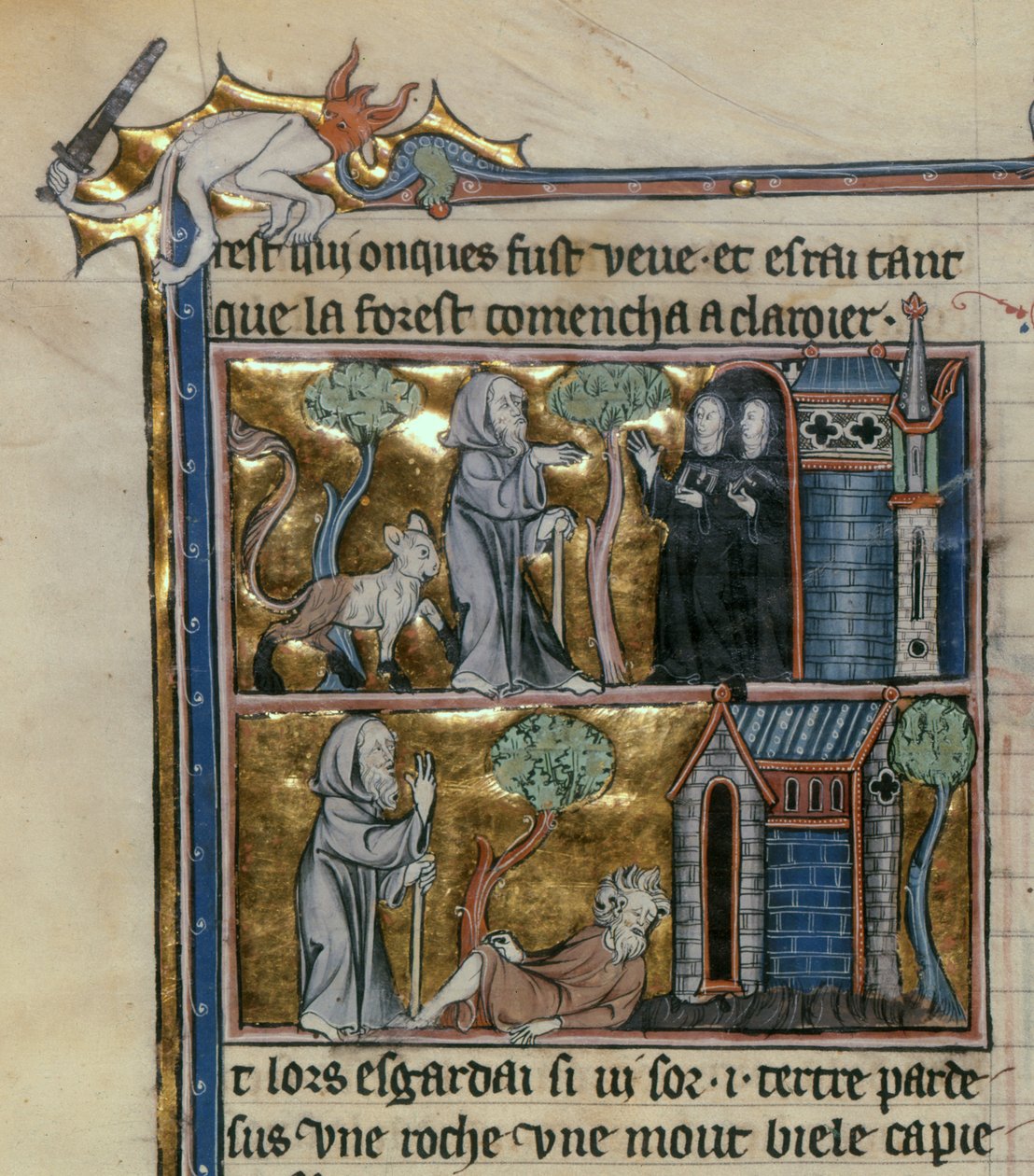 Paní Fr 95 f.4v Poustevník a zvíře, z lHistoire du Saint Graal, c.1280-90 od French School