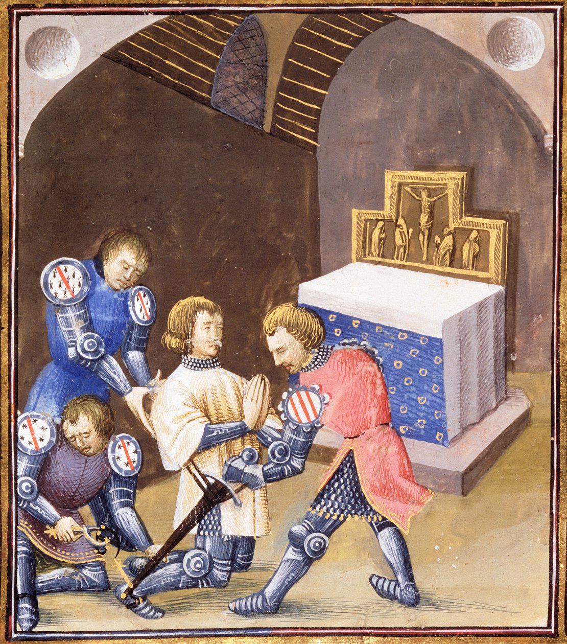 Paní Fr 99 f.561 Galahad obdrží meč a ostruhy v rituálu rytířství, než odejde na Hledání Grálu od French School