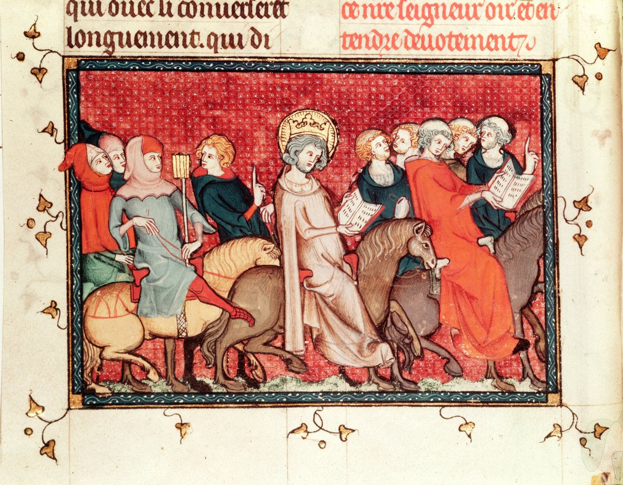 Paní Fr fol.48 Král diktující své hodiny při jízdě na koni, z Život a zázraky St. Louis, kolem 1330-40 od French School