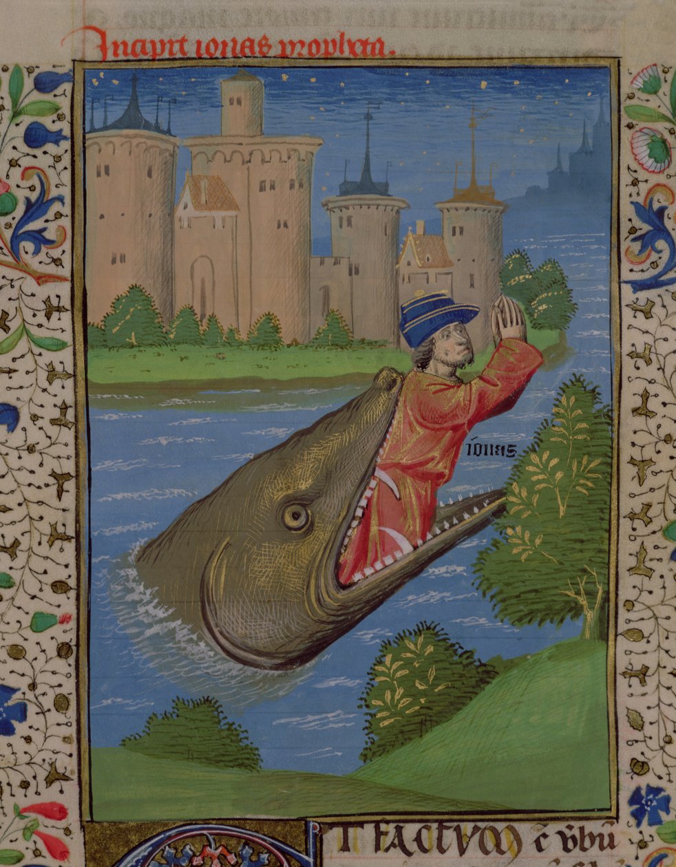 Paní H 7 f.111r Jonáš a velryba, z Bible Jeana XXII od French School