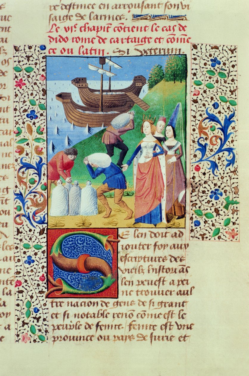 Paní Hunter 208 f.67r Dido nalodí Sychaeův poklad, z Pádu princů, Giovanni Boccaccio (1313-75) 1472 od French School