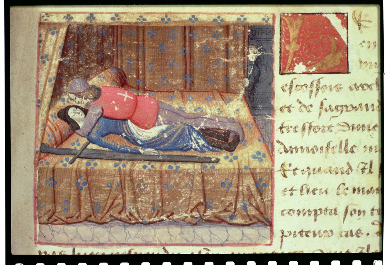 Ms Hunter 252 f.12r Postelová scéna z knihy "Les Cent Nouvelles Nouvelles". od French School