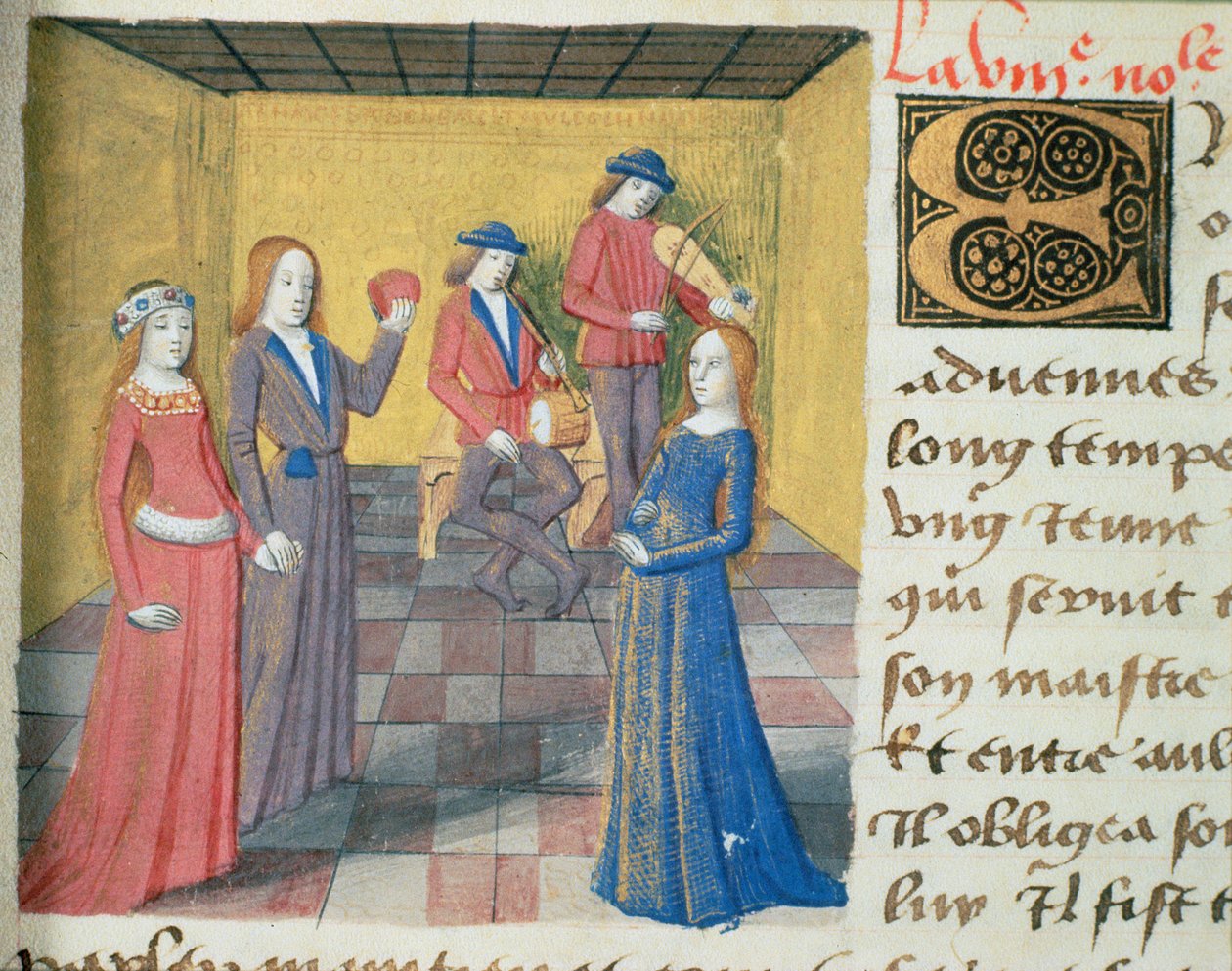 Ms Hunter 252 f.19r Hudba a dvoření, z Les Cent Nouvelles Nouvelles, 1462 od French School