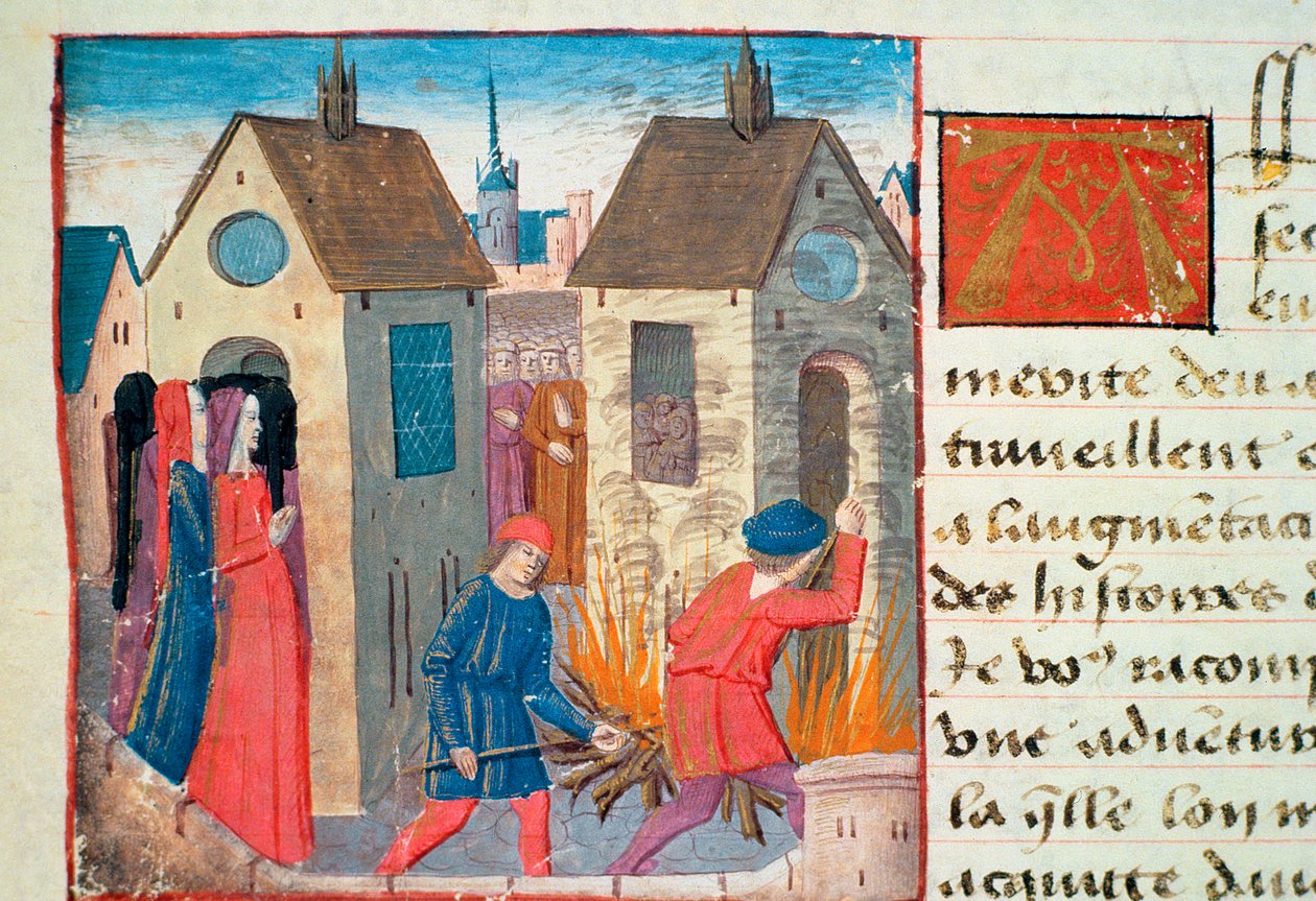 Paní Hunter 252 f.75v Vypalování domu, z Les Cent Nouvelles Nouvelles, 1462 od French School