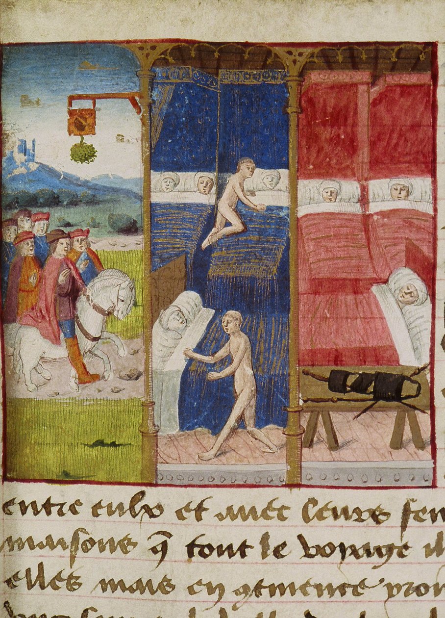 Ms Hunter 252 f.75v Hostel, z "Les Cent Nouvelles Nouvelles", 1462 od French School