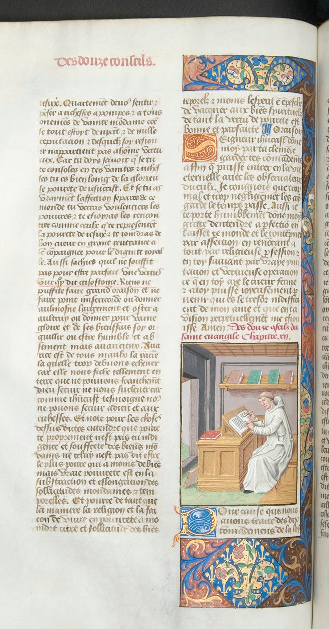 Ms Hunter 36-39, sv.3 fol.47v Kartuziánský mnich v bílém píšící rukopis, ilustrace z Vita Christi od Ludolfa Saského, kolem roku 1490 od French School