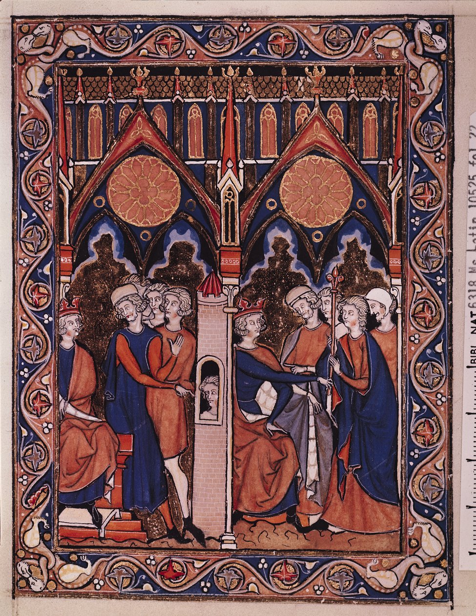 Paní Lat 10525 Fol.22 Joseph vysvětluje sen o faraonovi a faraonovi, který znovu dosadil svého komorníka, z žaltáře St. Louis, kolem 1258-70 od French School