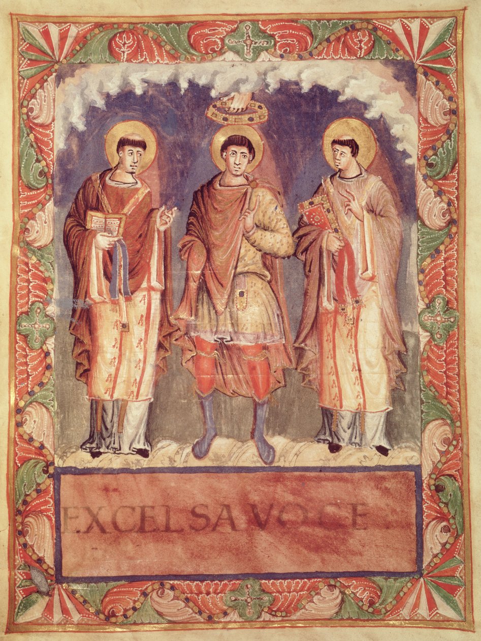 Paní Lat 1141 fol.2v Korunovace Karla II. (823-877) s arcibiskupy z Remeše a Treves, ze Sacrementaire de Metz (viz také 159999) od French School