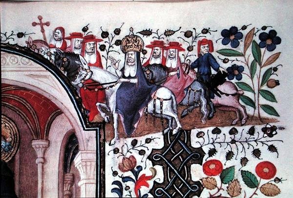 Paní Lat 1156b Fol.167 Detail papeže na jeho mule s jeho doprovodem, z ilustrace svatého Petra, z hodin Marguerite d
