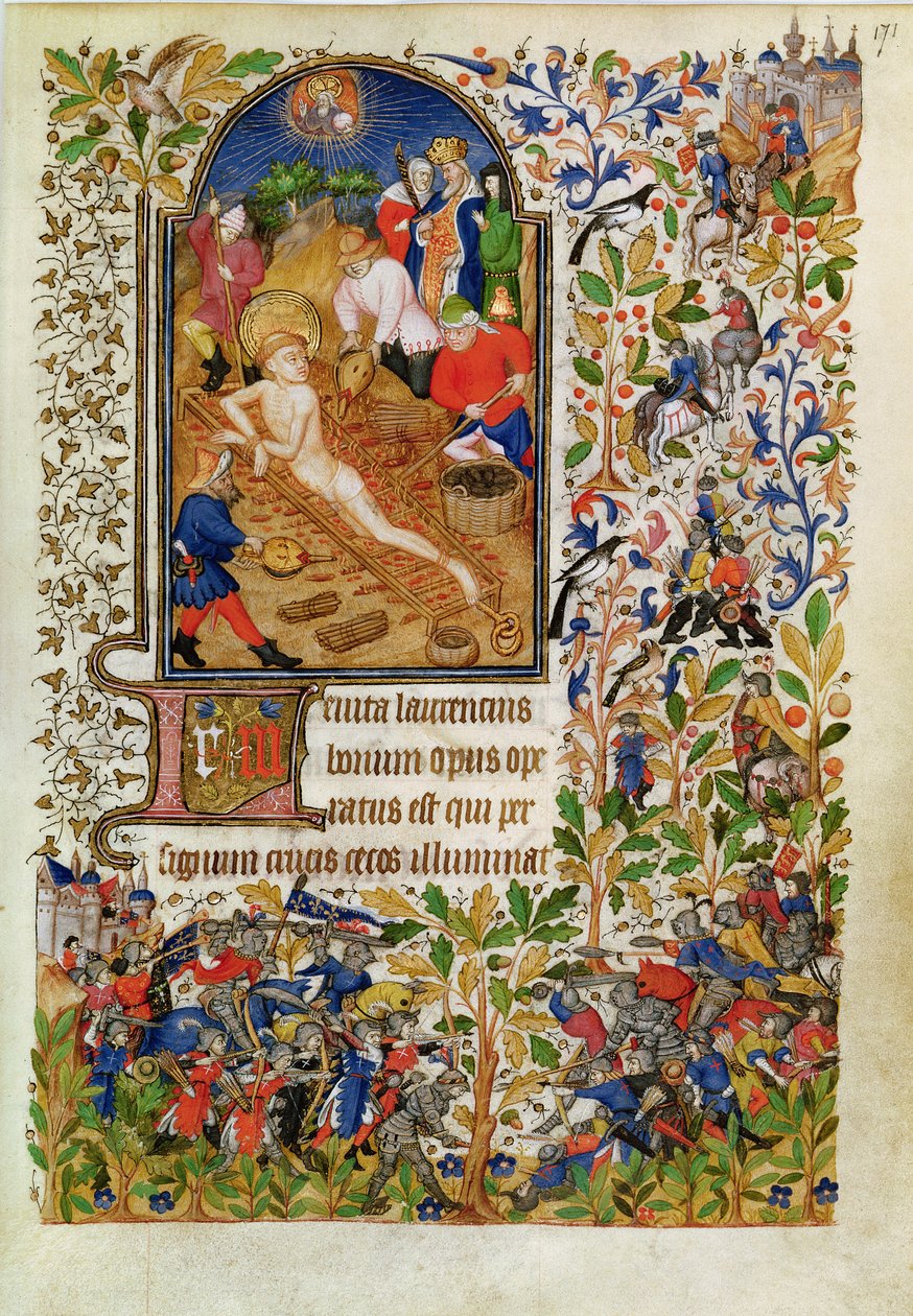 Paní Lat 1156b fol. 171 Umučení svatého Vavřince, z hodin Marguerite dOrleans, kolem roku 1426 od French School