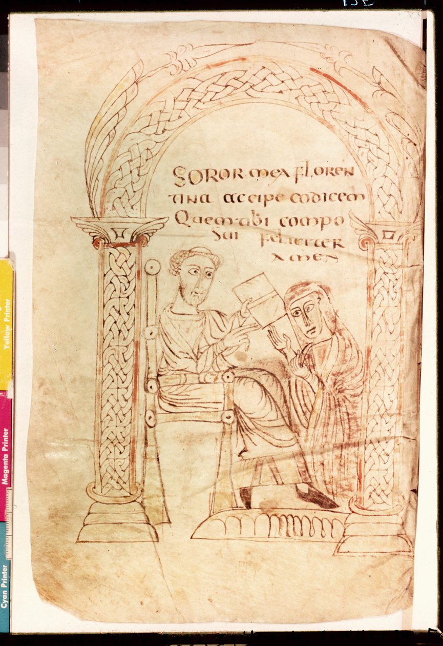 Paní Lat 13396 Fol.1 Isidore nabízí své dílo své sestře Florentině z knihy De Catholic Faith ze Starého a Nového zákona proti Židům od Isidora ze Sevilly (asi 560-636) kolem 800 od French School