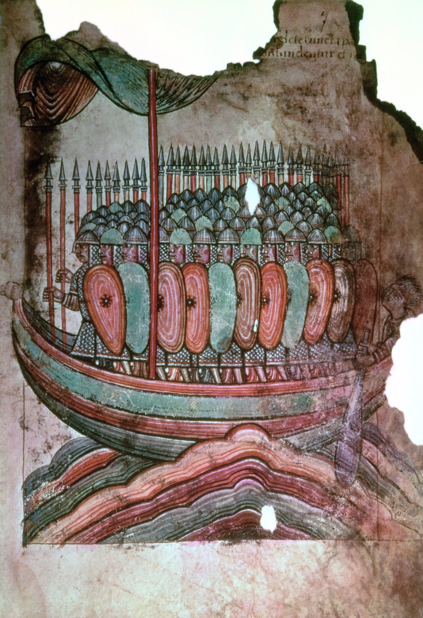 Paní Lat 1390 fol.7 Normanští vojáci překračující kanál La Manche z La Vie de Saint Aubin dAngers od French School