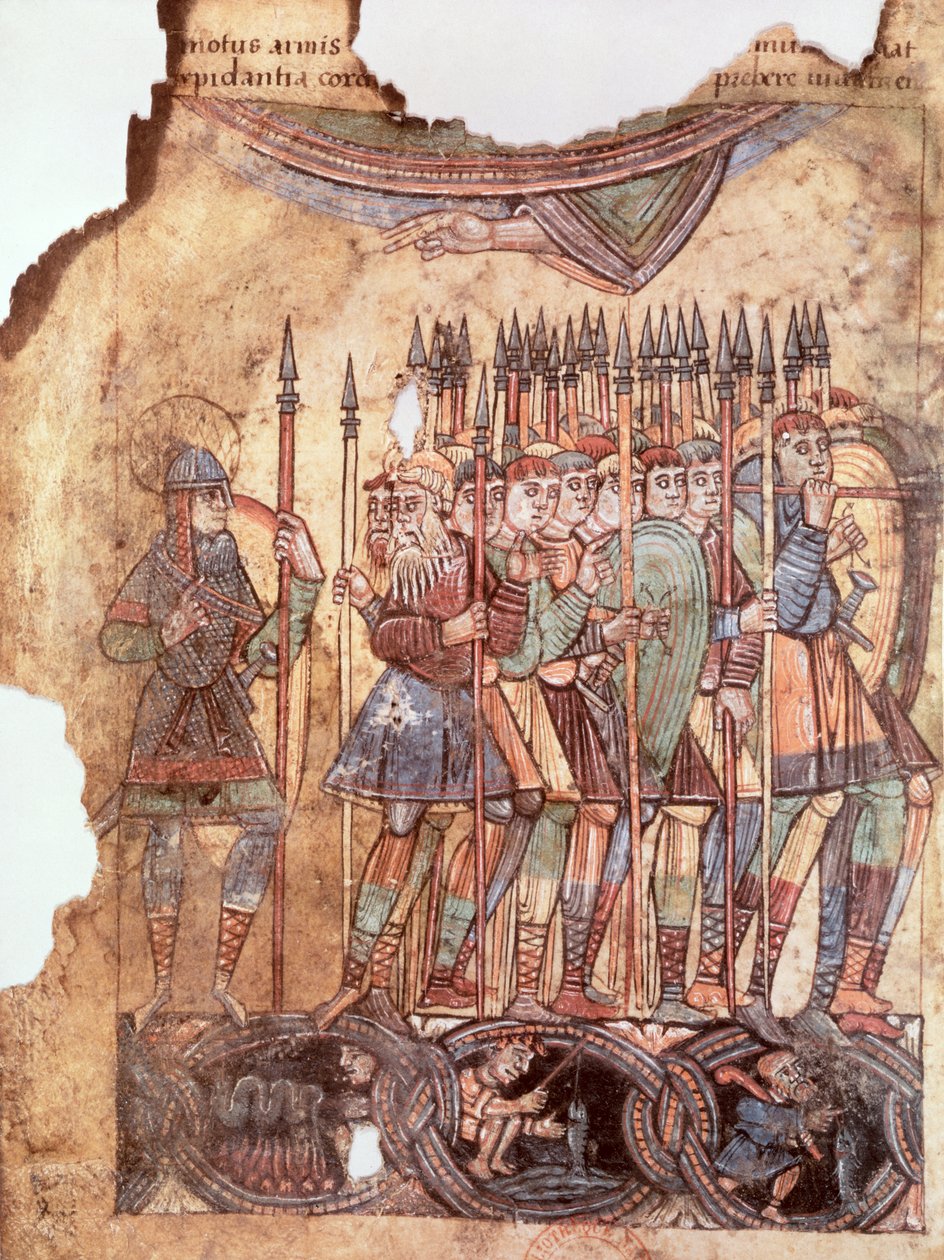 Paní Lat 1390 fol.7v Pěší vojáci v křížových výpravách, z La Vie de Saint Aubin dAngers od French School