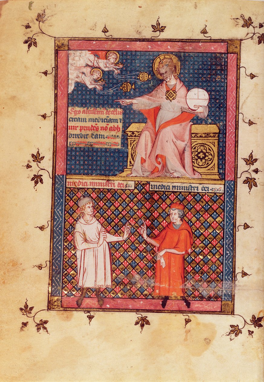 Paní Lat 14023 fol.1v Bůh tvořící medicínu a dávající vědění lékařům, z Canon of Medicine od Avicenny (Ibn Sina) (980-1037) přeložil Gerard de Cremone (1114087) kolem 1320 od French School