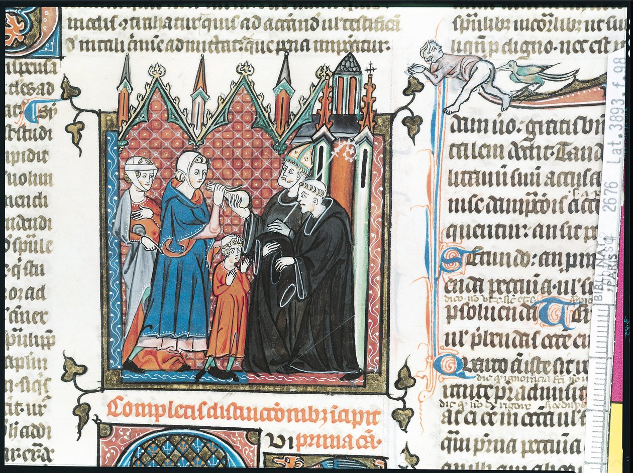 Ms Lat 3893 Fol.98 Rodiče nabízejí biskupovi peníze, aby vzal svého syna do opatství, 1314 od French School