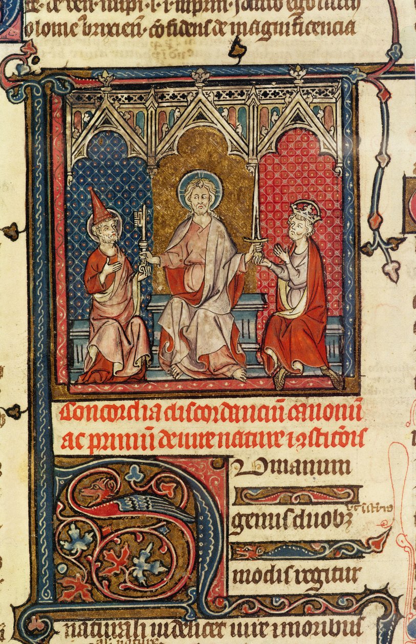 Ms Lat 3893 fol.1 Duchovní a časná moc, z Decrets de Gratien, 1314 od French School