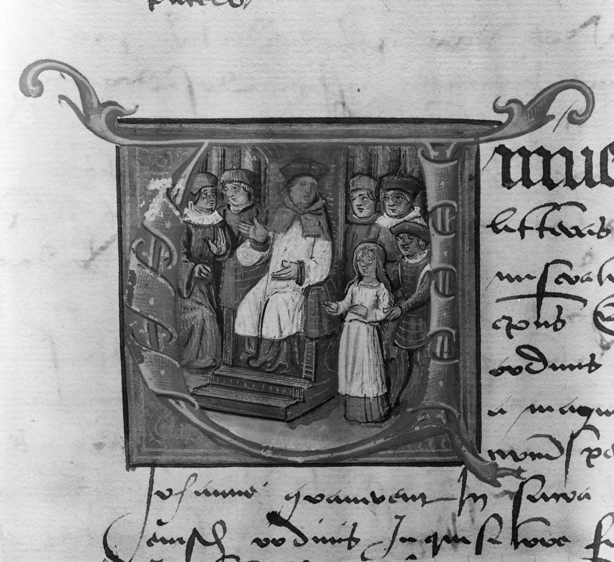 Ms Lat 5969 Historizovaná iniciála A zobrazující proces s Johankou z Arku (1412-31) od French School