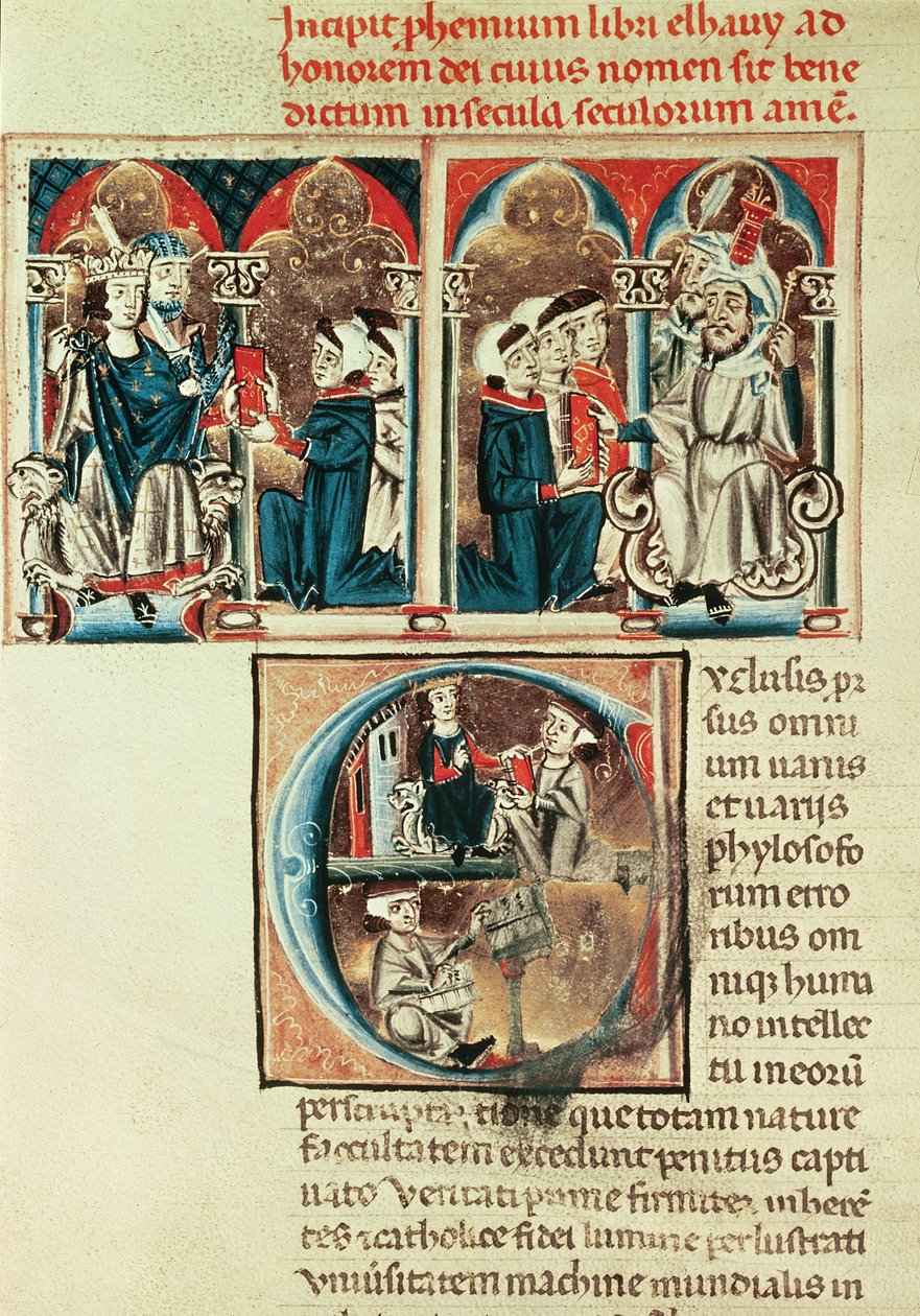 paní Lat. 6912 fol.1v Židovský učenec představuje překlad arabského pojednání Philippe dAnjou od French School