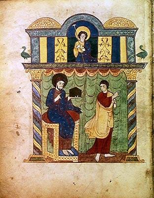 Paní Lat 8878 fol.1v Ježíš předkládá evangelium sv. Matoušovi z komentáře k Apokalypse od asturského mnicha Beata z Liebany (kolem 776) kolem 1028-72 (vellum) od French School