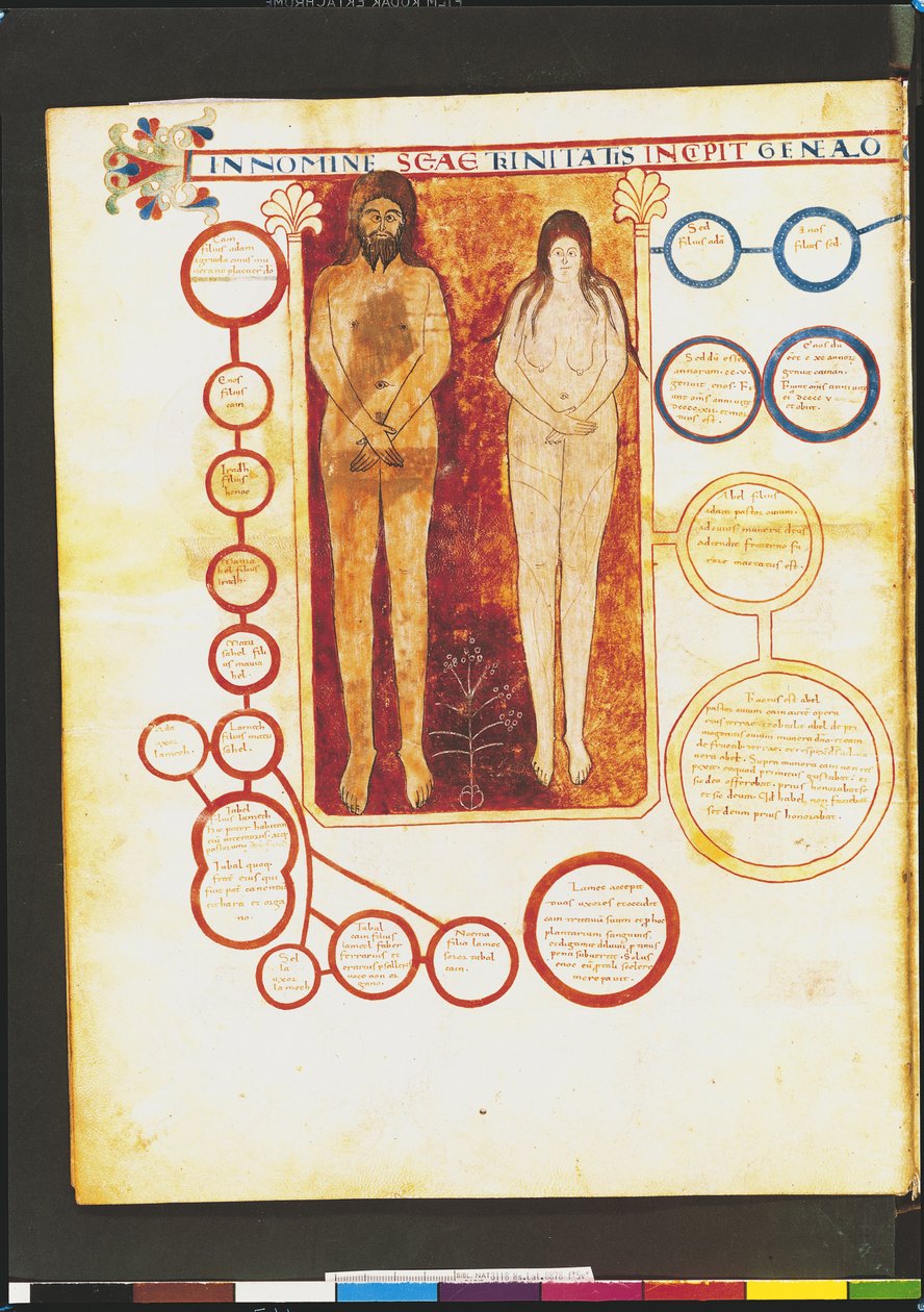 Paní Lat 8878 fol.5v Adam a Eva a Kristova genealogie, z komentáře k Apokalypse od asturského mnicha Beata z Liebany (c.776) c.1028-72 od French School