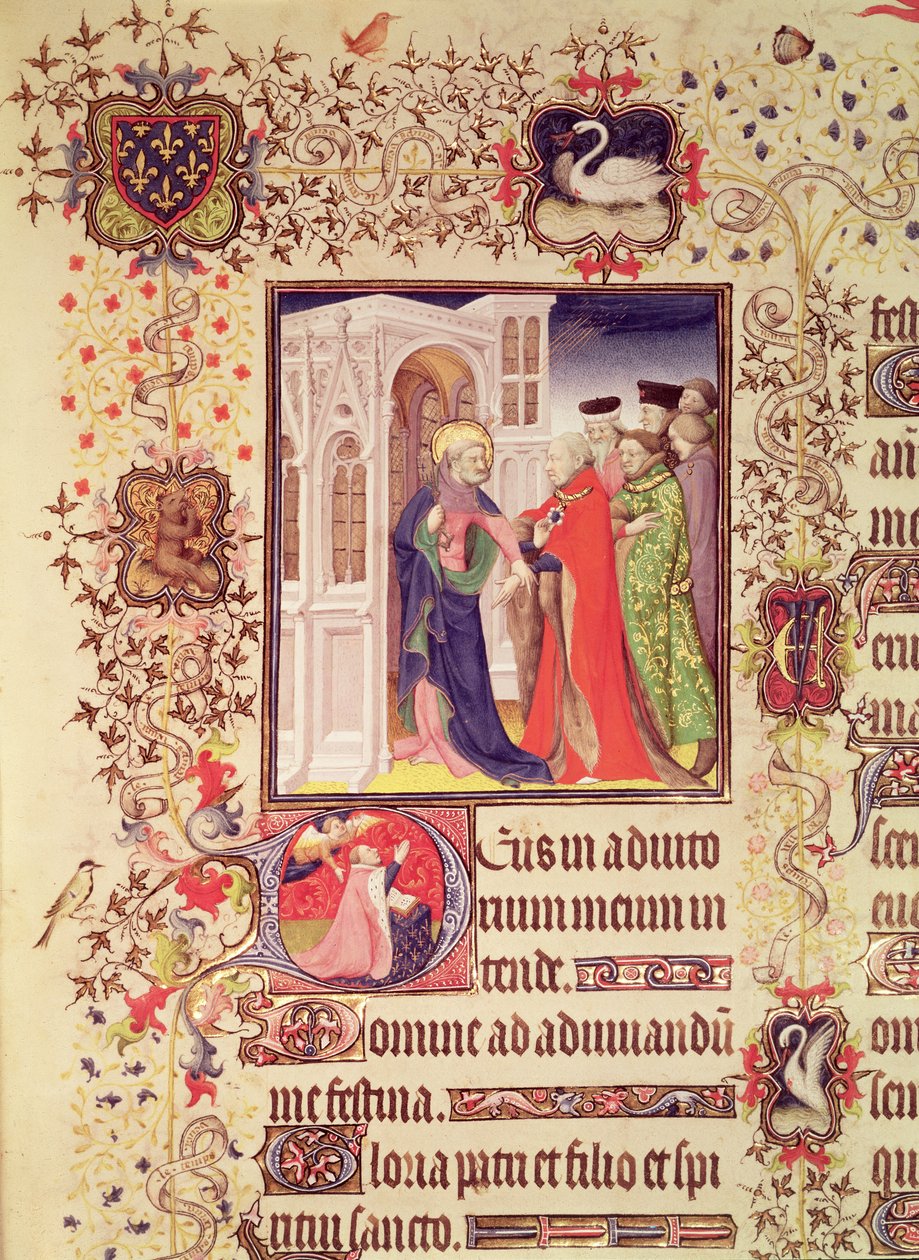 Paní Lat 919 fol. 96 Jean de France, vévoda de Berry vedená svatým Petrem do nebeských bran s historickou iniciálou `D svatého Petra a Jean de Berry při modlitbě, z Grandes Heures de Duc de od French School