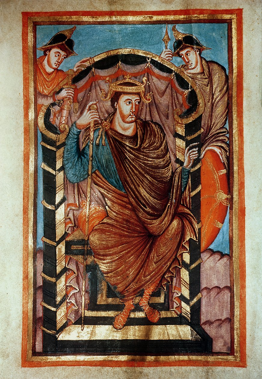 Paní Latin 266 fol.1v Lothair I (795-855) na trůn, z Evangiles de Lothaire, c.840-851 od French School