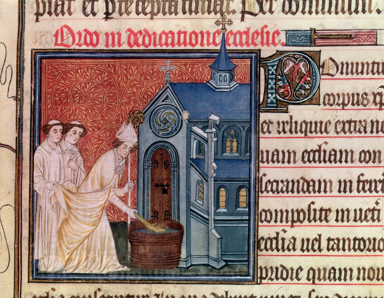 Paní Latina 962 Fol.63 Biskup Vysvěcení kostela, z Pontifikálu Sens od French School