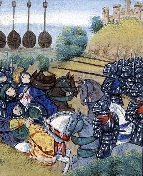 Ms Roy 20 C IX f.278v Maďarské vítězství nad Turky s tureckým loďstvem v pozadí, Jean Chartrier, konec 15. století, z „Cronique du Temps de Treschretien Roy Charles VII“ (vellum) od French School