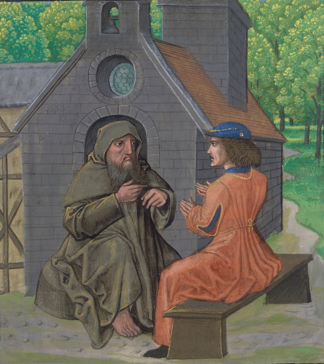 Ms Royal 14 E. 11, f.338 Poustevník vyučující rytíře, z „Chemin de Valliance a díla ve francouzském verši a próze“, kolem roku 1475 (vellum) od French School