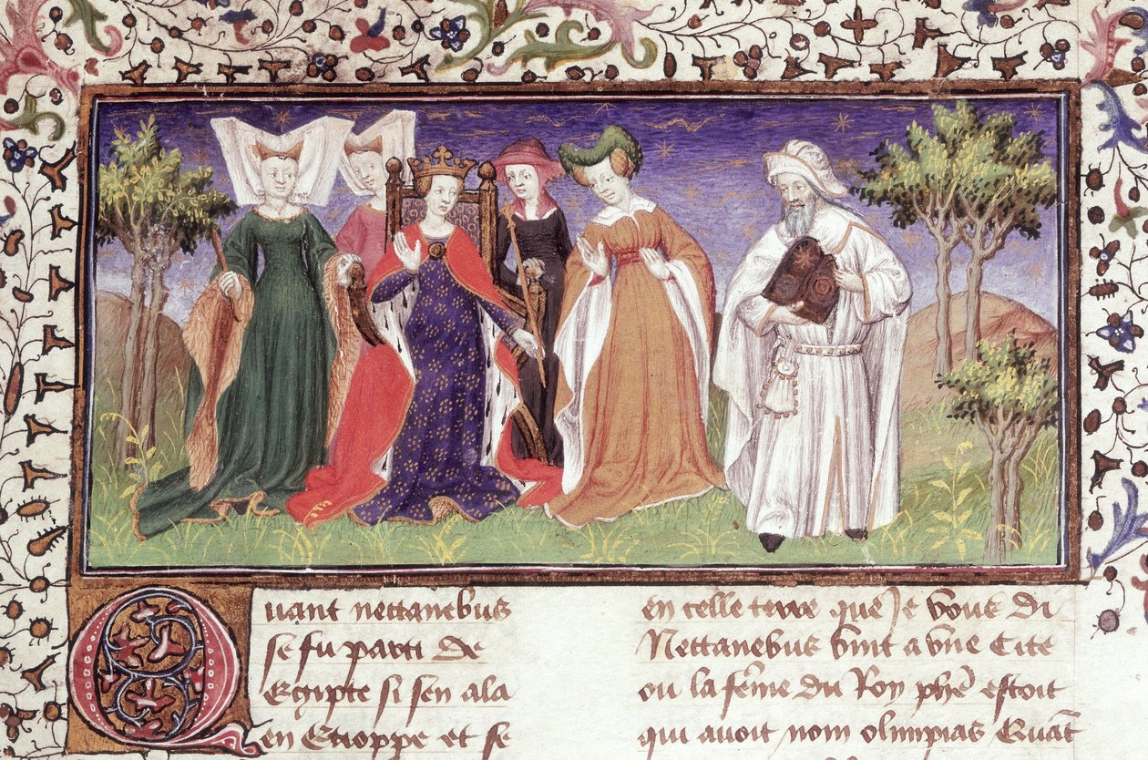 Paní Royal 20 B.XX fol. 7 Olympias s Nectanebusem, z „Le Vraye Histoire du Bon Roy Alixandre“ od Pseudo-Callisthenes, počátek 15. století (vellum) od French School