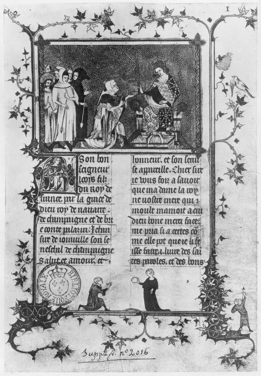 Paní fr 13568 fol.1 Jean de Joinville nabízí svou knihu o sv. Ludvíkovi (1215-70) Ludvíku X. (1289-1316) Tvrdohlavému od French School