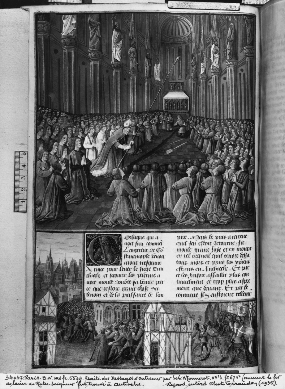 Ms.fr 5594 fol.67v Jak bylo nalezeno kopí našeho Pána v Antiochii, ilustrace z Les Passages dOutre-Mer od Sebastiena Mamerota de Soissons, asi 1490. od French School
